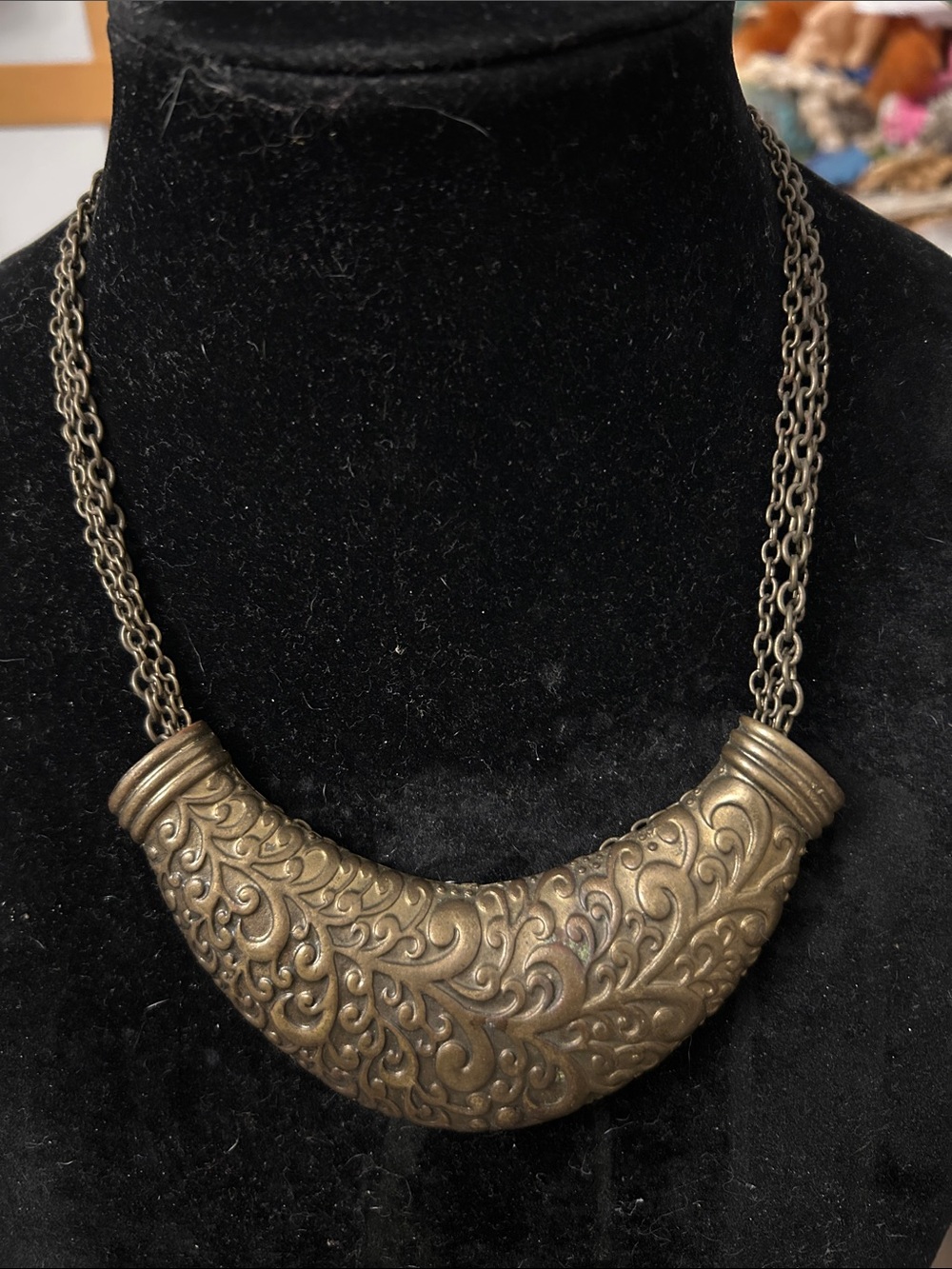 Vintage Ornate Scrollwork Crescent Necklace - Brass-Tone